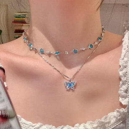 Collier ras-de-cou papillon romantique en cristal bleu LATS pour femmes et filles, simple et brillant, en zircon bicouche, chaîne clavicule, bijou raffiné.