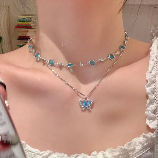Collier ras-de-cou papillon romantique en cristal bleu LATS pour femmes et filles, simple et brillant, en zircon bicouche, chaîne clavicule, bijou raffiné.