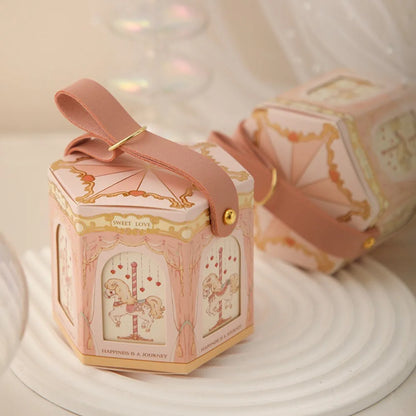 Beautiful Carousel Gift Box Leather Handle Wedding Candy Box Elegant Handheld Gift Bag Birthday Candy Tote Bag Decoration