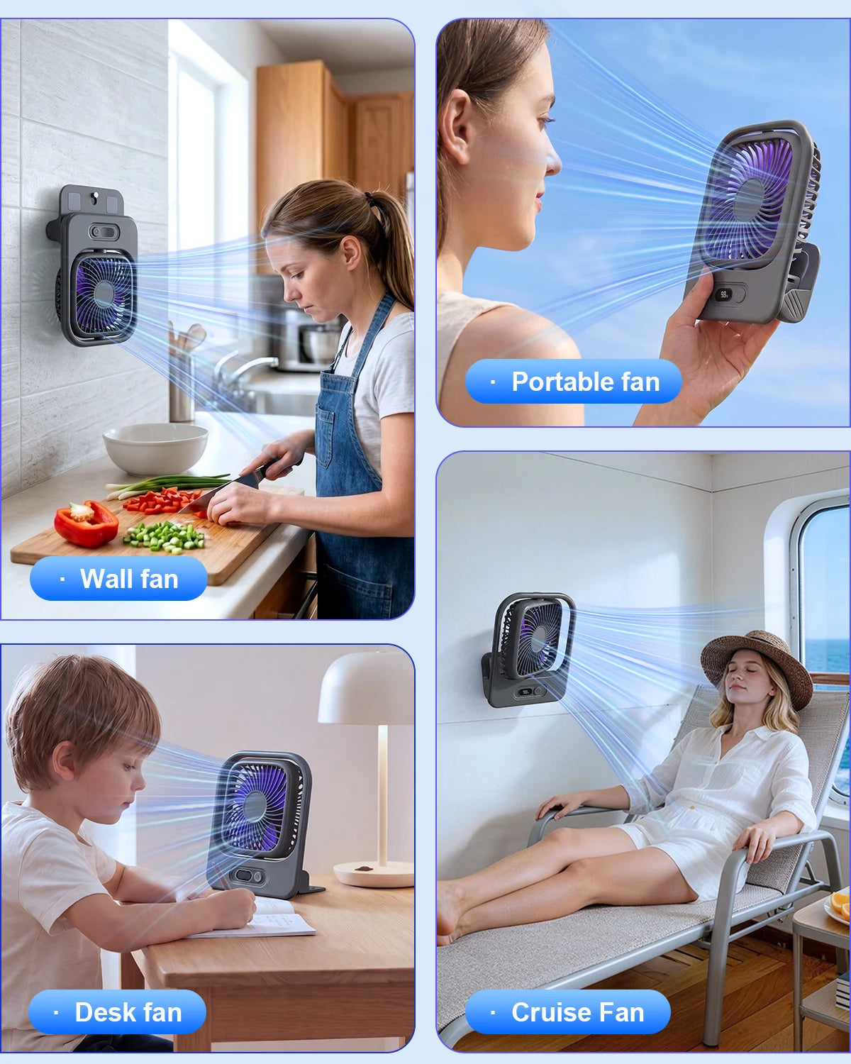 Eary 3000mAh Portable Magnetic Fan USB Rechargeable Cooling Kitchen Wall Fan for Home Gym Desk 350° 4 Speeds Wind Ultra-thin Fan