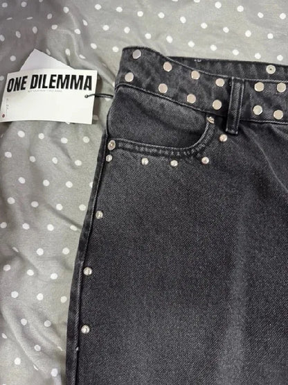 American ONE DILEMMA Jeans Y2K Womens Gothic Five Pointed Star Sequined Rivet Baggy Jeans Fashion Casual Mid Rise Slim Trousers