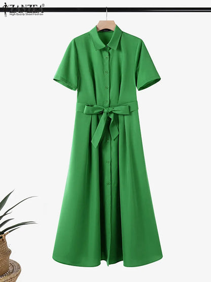 ZANZEA 2025 Summer Stylish Midi Dress Elegant Turn-down Collar Women Short Sleeve Vestidos Casual Streetwear Belted Shirt Dress