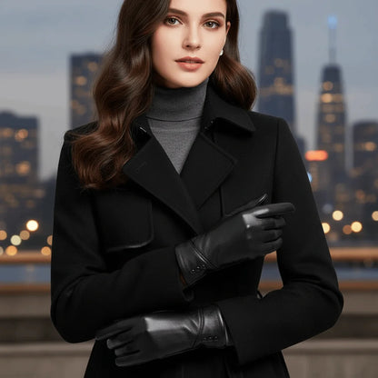 Simple Solid Color Full Finger Mittens Button Thickened Women Leather Gloves Windproof Keep Warm Touch Screen Gloves Outdooor