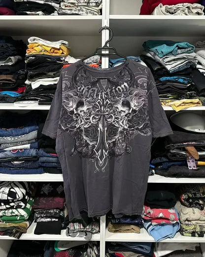 American Hip Hop Retro Loose Cotton Short Sleeve T-shirt Women Street Y2K New Casual Punk Rock T-shirt Unisex Harajuku Joker Top