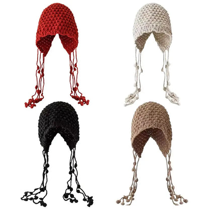 Women's Fashion Hand Woven Tassel Ball Knitted Hat Comfortable Warm Soft Skin-friendly Pullover Cap Street Photography Travel