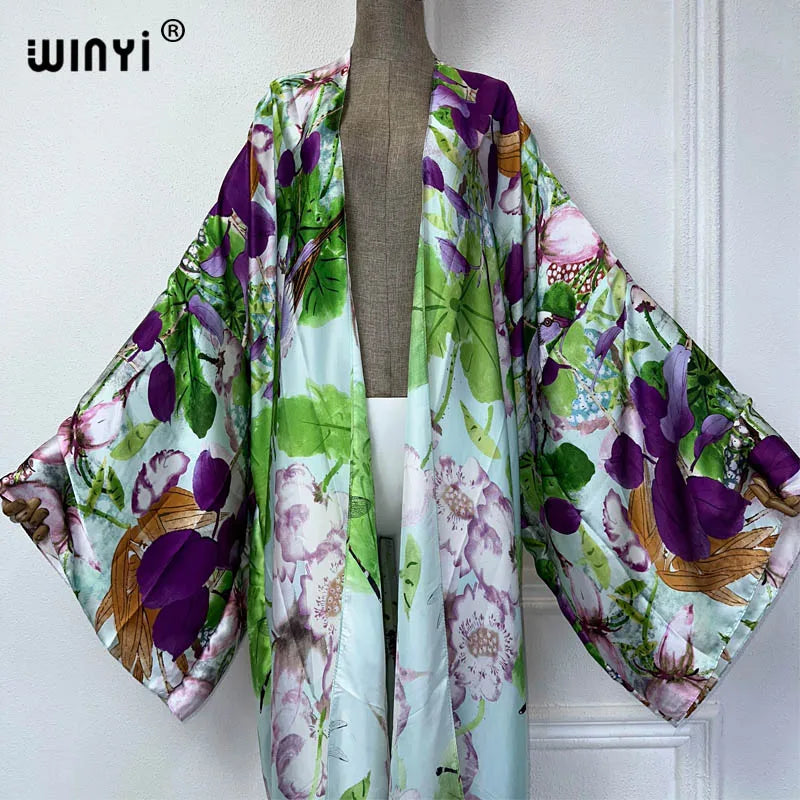 2024 WINYI Summer print Beach Wear Swim Suit elegant Africa women boho Cardigan sexy Holiday long Sleeve Kimono fashion abaya