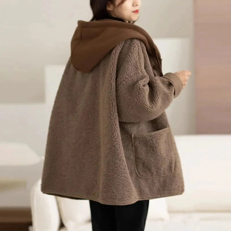 Fashion Lamb Plush Hooded Coat Women New 2024 Autumn Winter Mid-Long Thick Pocket Coats Loose Large Size Overcoat Outerwears
