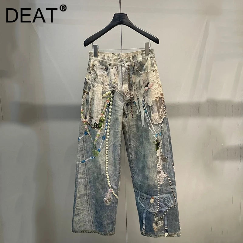 DEAT Fashionable Niche 3D Printed Lace Pearl Chain Denim Pants For Women High Waist Straight Leg Jeans Female Trendy 11A05476