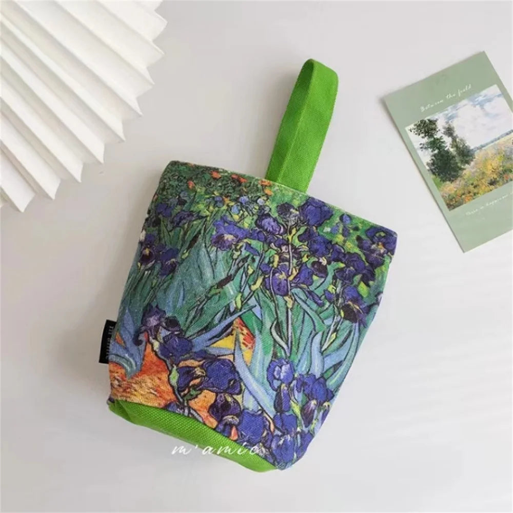 Van Gogh Oil Painting Bucket Bag Literary Portable Handbag Cup Bag Vintage Tote Canvas Bag for Girls