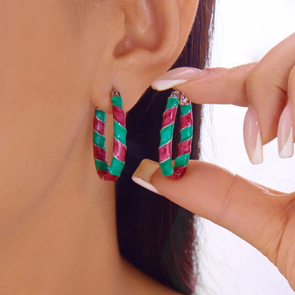 Christmas Red Green White Sequins Stripe Twisted Round Drop Earrings Circle Hoop Earring For Women Men Festive Holiday Jewelry