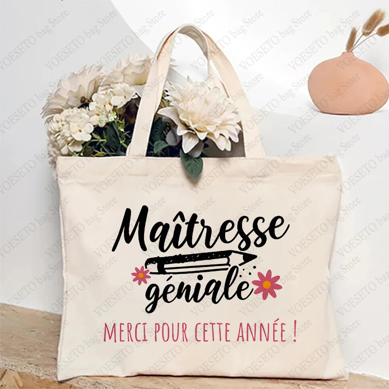 Teacher Theme Tote Bag Inspired School Shoulder Bag with French Style Design, Educational Motif Handbag Cadeau Maitresse D'école
