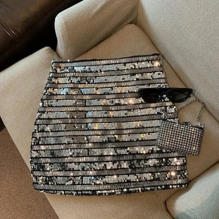 French silver-gray sequined skirt female spring and autumn new temperament hip skirt spice girl anti-exposure A-line skirt