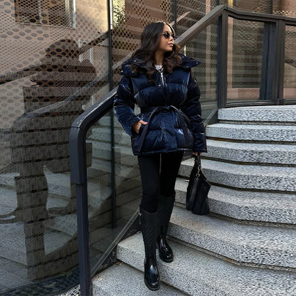 Shiny Reflective Cinched Waist Outwear Winter Luxury Elegant Lapel Cotton Coat Female Length Loose Trendy Thick Warm Down Jacket