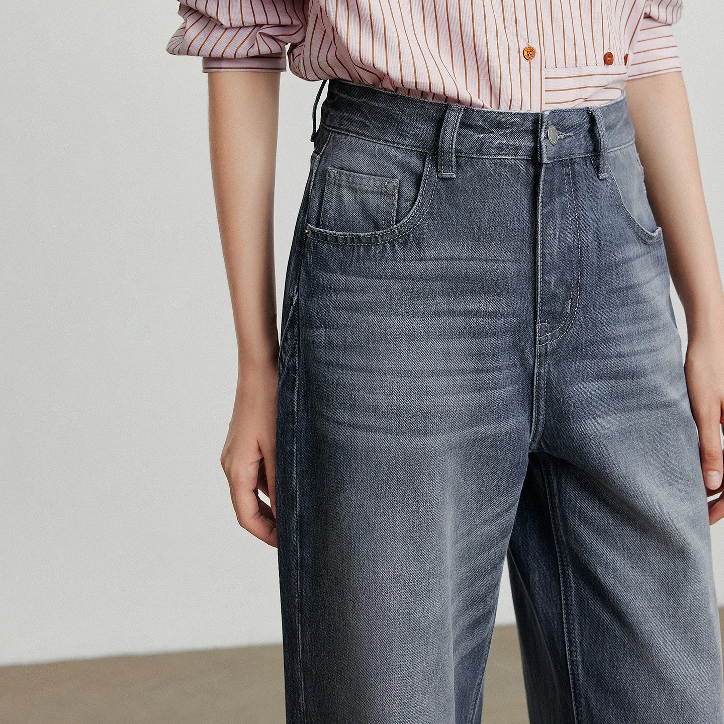 TOYOUTH Women Denim Jeans 2025 Autumn New Cotton High Street Wide Leg Pants Gray