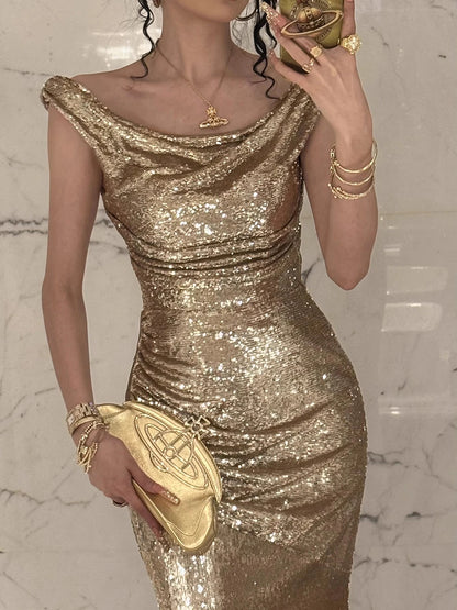 REDDACHiC Elegant Cowl Neck Women Glitter Dress Gold Sequin Maxi Long Backless Split Mermaid Bodycon Cocktail Party Evening Gown
