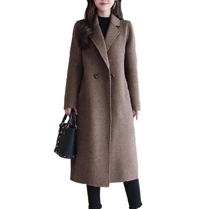 Two Buttons Woolen Coat Stylish Women's Woolen Coat Lapel Long Sleeve Two Buttons Pockets Autumn/winter Mid-length Cardigan