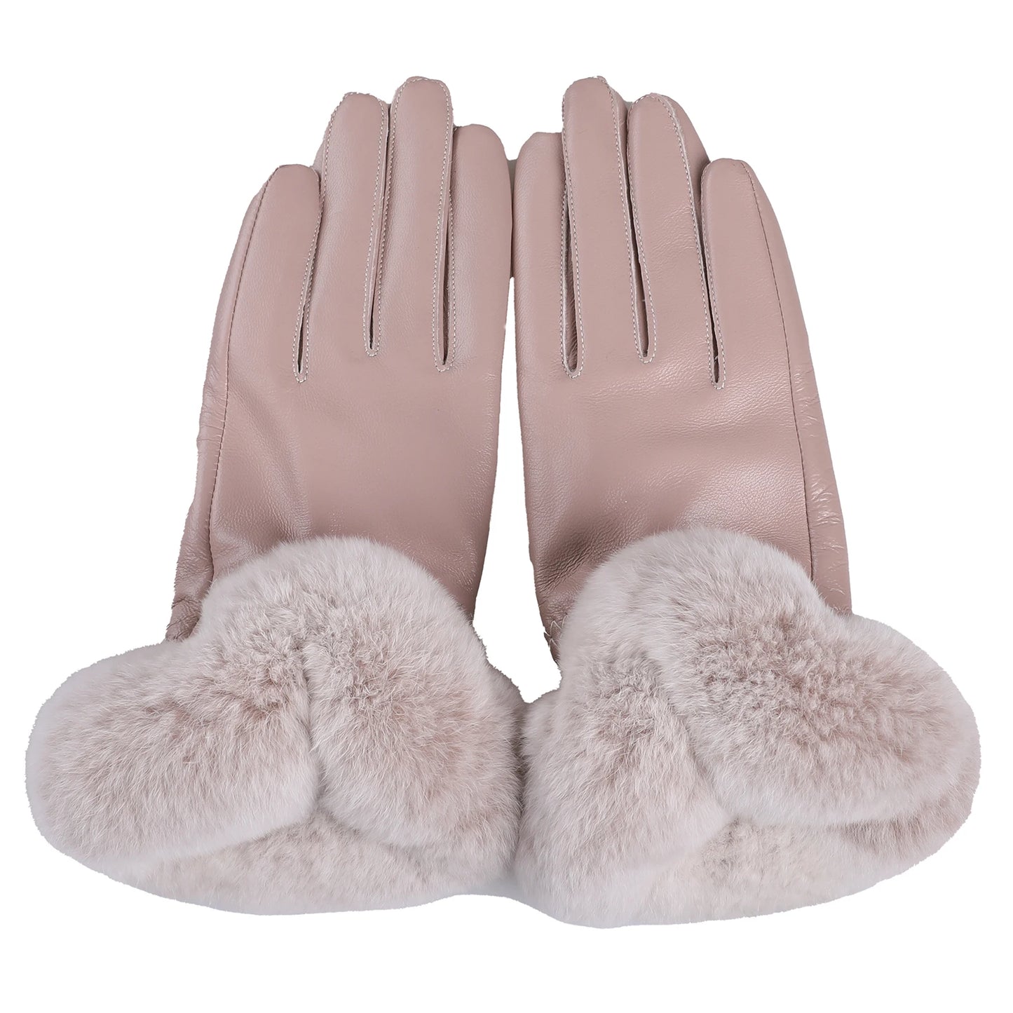 BOONJOVIA Elegant Women's Winter Warm Genuine Leather Gloves With Rex Rabbit Fur Trim Cuffs Velvet Lined