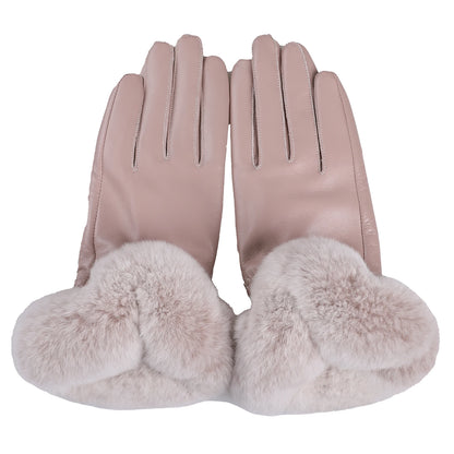BOONJOVIA Elegant Women's Winter Warm Genuine Leather Gloves With Rex Rabbit Fur Trim Cuffs Velvet Lined
