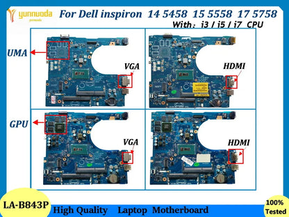 AAL10 LA-B843P For Dell inspiron 14 5458 15 5558 17 5758 Laptop Motherboard With i3 i5 i7 CPU UMA  920M GPU DDR3L TESTED GOOD