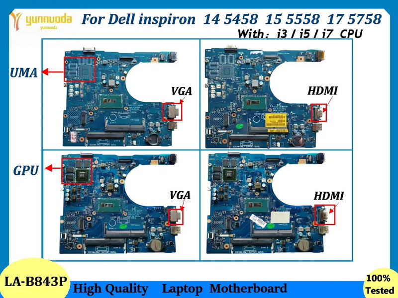 AAL10 LA-B843P For Dell inspiron 14 5458 15 5558 17 5758 Laptop Motherboard With i3 i5 i7 CPU UMA  920M GPU DDR3L TESTED GOOD