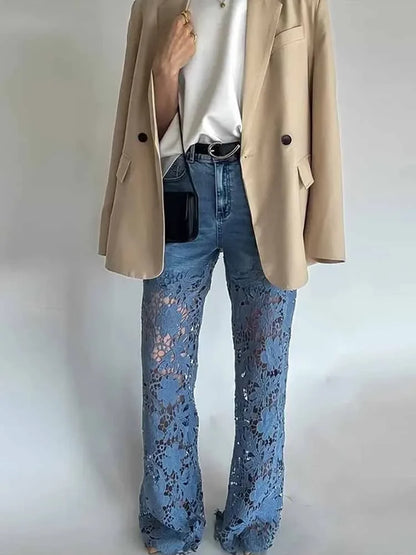 Careaymade-Lace Spliced Elegant Hollow Out Jeans Women New Temperament High Waist Straight Loose Denim Trousers Y2k Streetwear