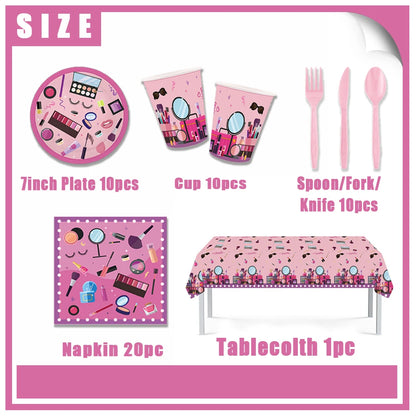 Girl's Birthday Party Supplies  Cosmetics Decorations Background Banners Disposable Cups Plates Knives Forks Spoon Gift Backdrop
