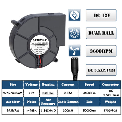 97MM Turbo Blower Fan 12V DC Female Connector 97x94x33mm Centrifugal Cooling Fan w/ AC 100V 220V Power Adapter Adjustable Speed