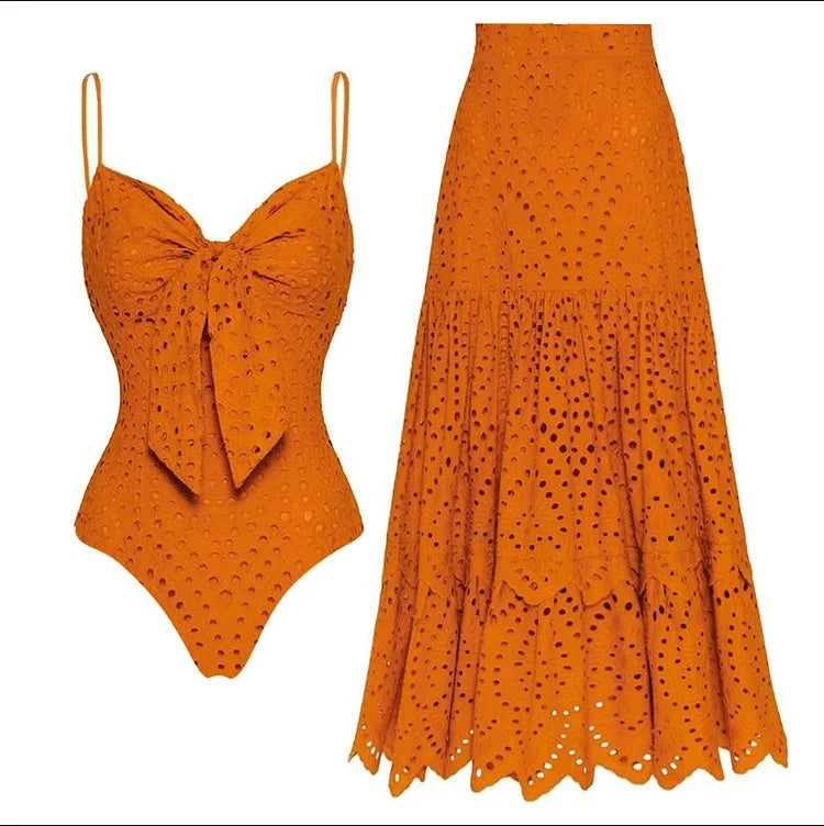 FLAXMAKER Flower Hollow One Piece Swimsuit and Skirt Women Beachwear Luxury Bathing Suit