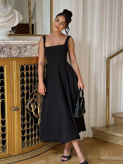 Black A-line Women's Long Dress Elegant Square Neck Pleated Sleeveless Sling Maxi Dresses 2025 Summer Lady Vacation Party Robes