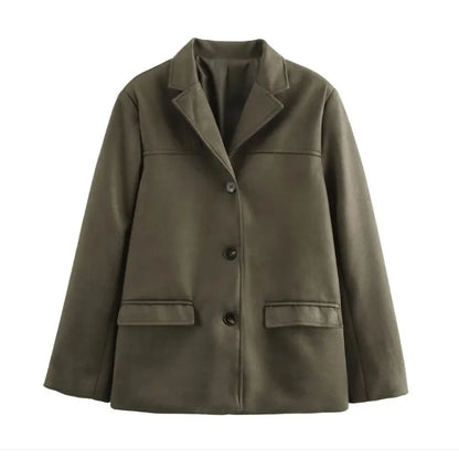 Talenza Vintage Women's Suede Leather Jacket Single Breasted Lapel Brown Blazer Loose Coats 2025 Autumn Office Lady Outerwears