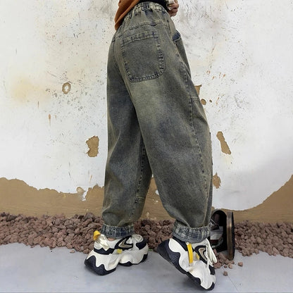 Masss Wasss European Womens Punk Denim Harem Trousers Classic Holes Loose Vintage Pants Leisure Streetwear Elastic Waist Jeans