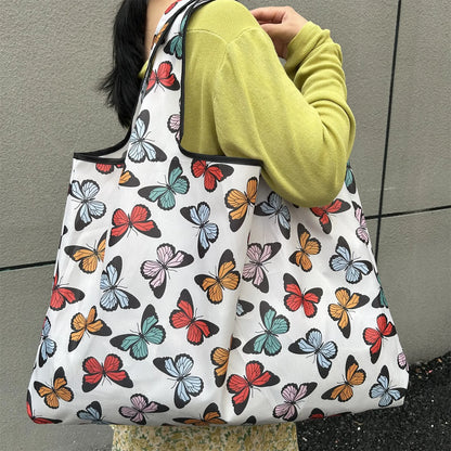 Chic Iris Flower Large Tote Bag Foldaway Convenience Nylon Shopping Bag with Shoulder Strap Lightweight Machine Washable