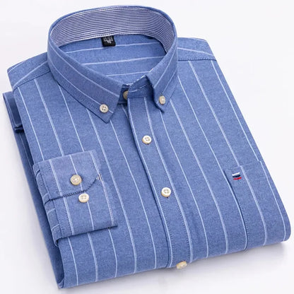 Men's Long Sleeve Oxford Dress Shirt 100% Cotton Plaid Checkered Chest Pocket Button Down Collar Casual Shirts
