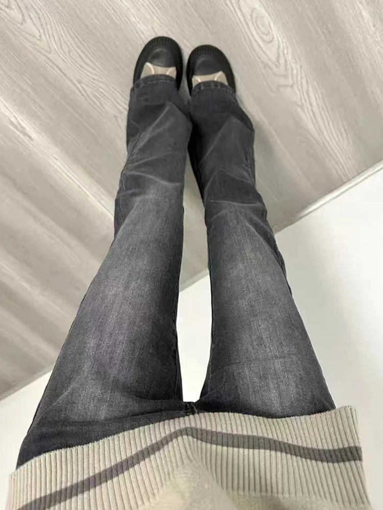 Harajuku Black Flare Jeans Low Waist Slim Bell Bottoms Women Fashion Denim Pant Trousers American Retro High Street Streetwear