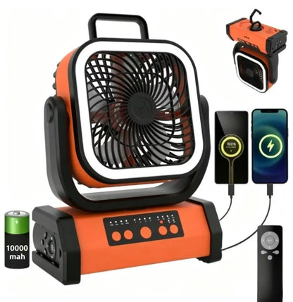 Portable Outdoor Electric Fan with LED Light, 10000mah Battery, USB Charging, Camping Fan with Hook, Ideal for Hiking, Fishing,