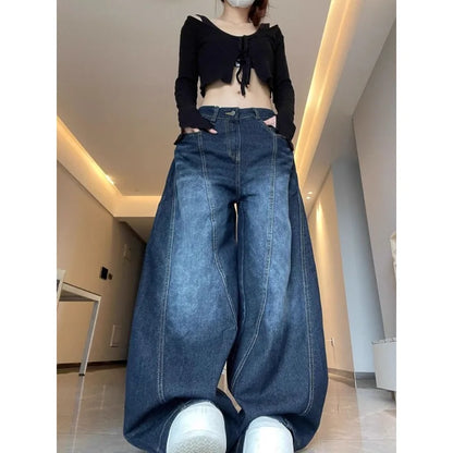 Womens Jeans High Waist Vintage Design Hip Hop Straight Baggy Denim Pants Street Y2K American Style Wide Leg Denim Trouser