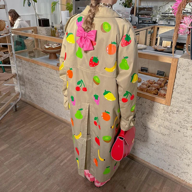 Fruit Pattern Print Wind Coat Single Breasted Turn-down Collar Long Coat Fashion Pocket Trench Coat 2025 Spring Lady Outerwear