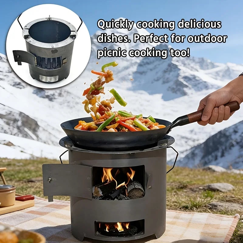 Portable Charcoal Grill Camping Stove with Ventilation Holes and Detachable Door for Outdoor Cooking Picnics