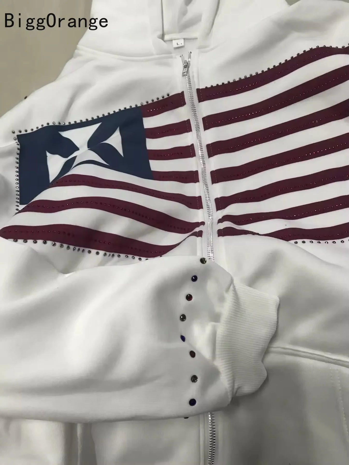 Sweatshirt coat rhinestone embroidered zipper hoodie American fashion street clothing Gothic flag men and women same sweatshirt