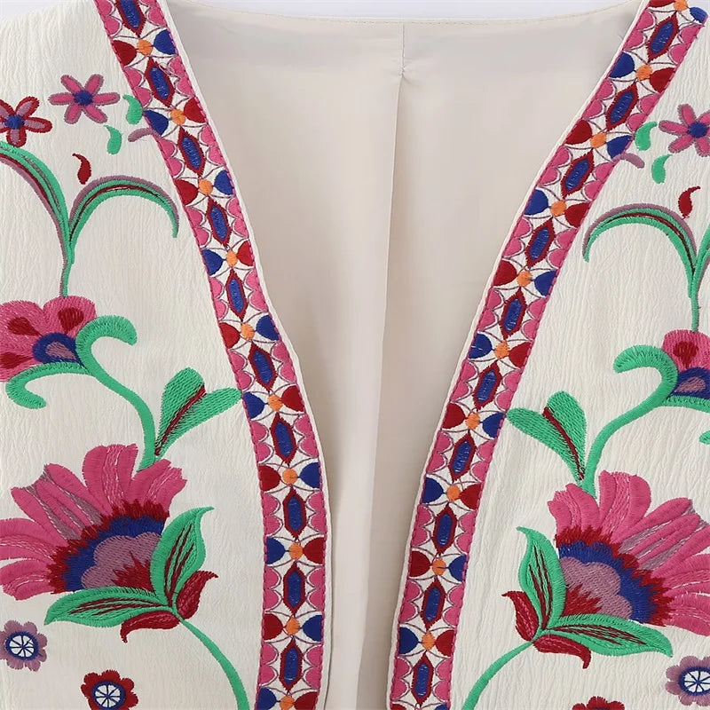 Women's Vintage Floral Embroidered Open Waist Coat Casual Vacation Crop Top National Style Vest Jacket for Ladies