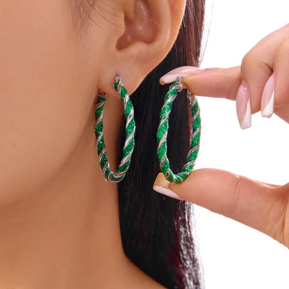 Christmas Red Green White Sequins Stripe Twisted Round Drop Earrings Circle Hoop Earring For Women Men Festive Holiday Jewelry