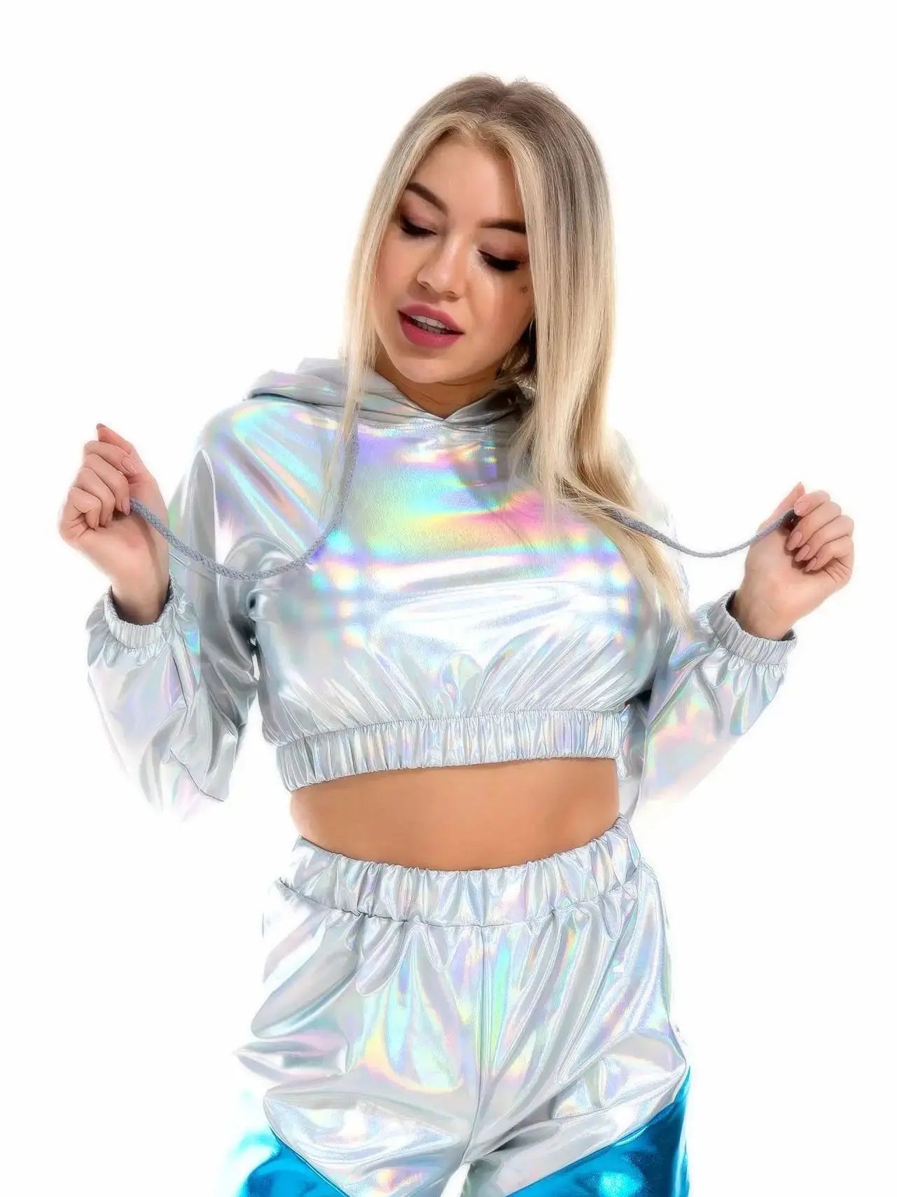 Sexy Cropped Holographic Hoodies Women Shiny PU Metallic Hoody Long Sleeve Short Sweatshirt with Drawstring Pullovers Streetwear