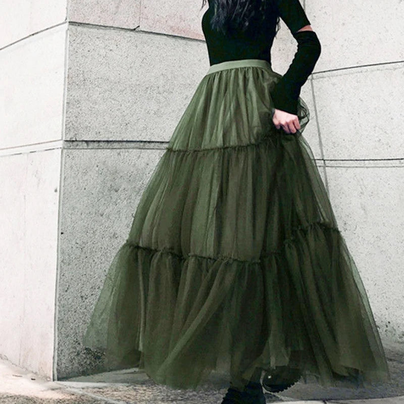 Autumn Fairy Puffy Maxi Long Gauze Skirt Cakee Patchwork A-line Layered Tulle Ankle Long Skirts Green Burgundy