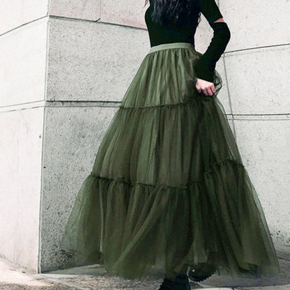 Autumn Fairy Puffy Maxi Long Gauze Skirt Cakee Patchwork A-line Layered Tulle Ankle Long Skirts Green Burgundy