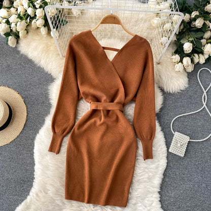 YuooMuoo Women Dress 2025 Autumn Winter Elegant Sash Bandage Bodycon Mini Dress Chic Fashion Y2K Knitted Ladies Dresses Party