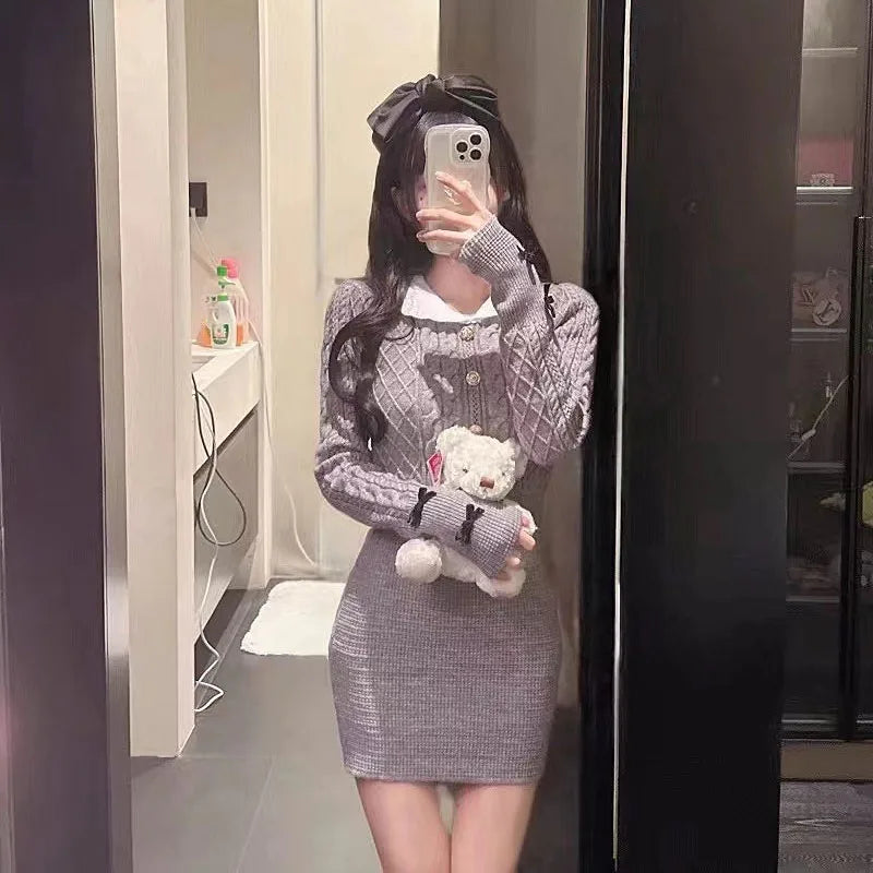 Autumn Winter Elegant Women Sweater Christmas Red Slim Fur Patchwork Hooded Knitted Dress Female Korean Knitwear Hoodie Tops