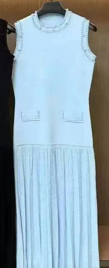 Pearls Decorated Women Round Neck Sleeveless Splicing Knitted Sweater Dress Elegant Or Short Knitted 2025 Spring New Women P8QA