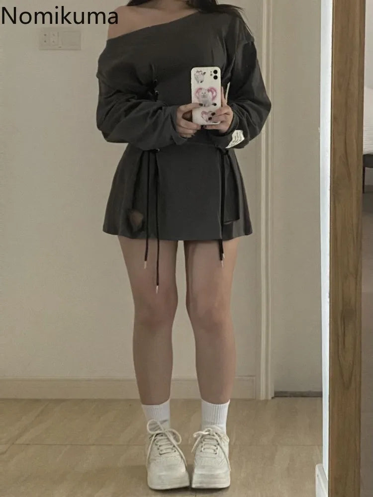 Oversized Woman Dress Slim Waist Bandage Robe Vestido Femme Long Sleeve A-line Off Shoulder Mini Dresses 2025 Vestidos De Mujer