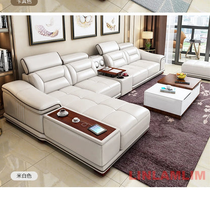 Modern L-Shaped Genuine Leather Sectional Sofa with Chaise Lounge, Adjustable Headrests, USB, Bluetooth Speaker & Cup Holder