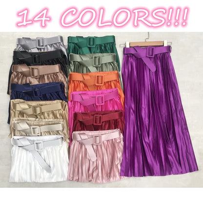 Seoulish 2025 New Solid Elegant Stain Women's Pleated Skirts with Belted High Waist Skirts Mi-long Umbrella Skirt Spring Summer
